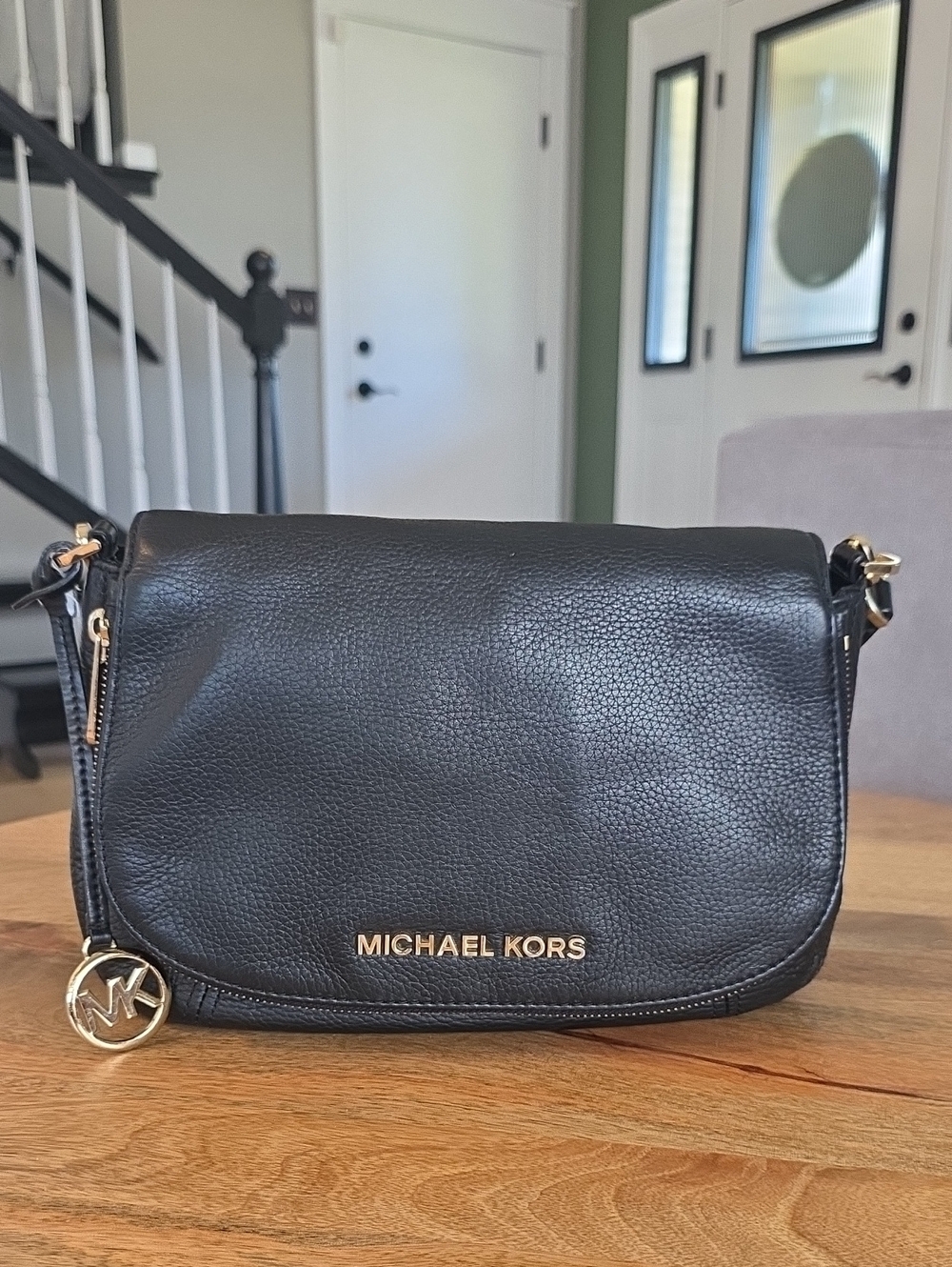Michael Kors Black Leather Pebble Flap Crossbody with Gold Hardware